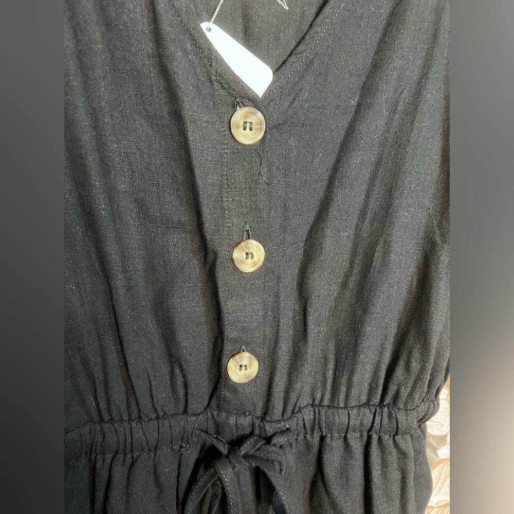 Just In (Brand) Black Linen Romper with Shoulder Ties Button Front Sz L - Picture 3 of 6